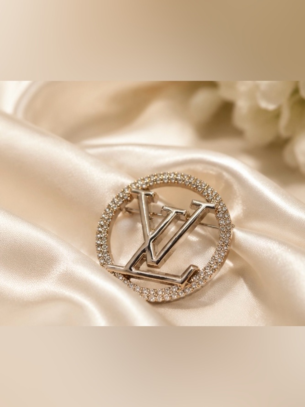 Gold Tone Crystal Circle Monogram Style Statement Brooch Pin